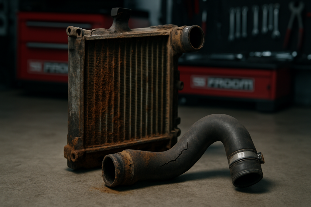 corroded radiator and cracked coolant hose removed from a Jaguar S-Type Diesel engine