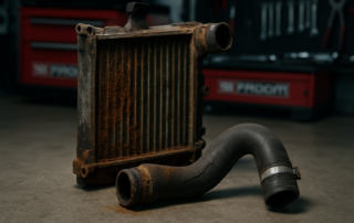 corroded radiator and cracked coolant hose removed from a Jaguar S-Type Diesel engine