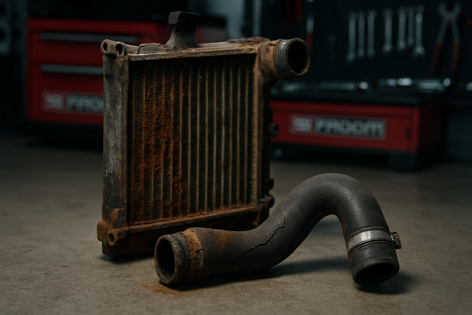 corroded radiator and cracked coolant hose removed from a Jaguar S-Type Diesel engine