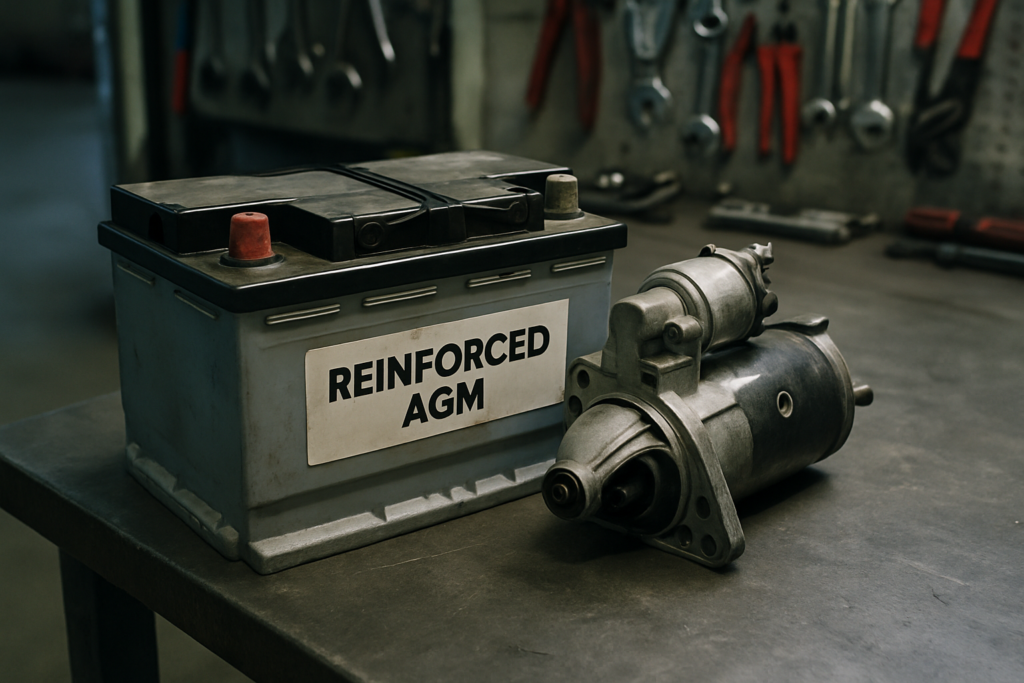 a reinforced AGM battery and starter motor removed from a Jaguar engine bay lying on a workbench