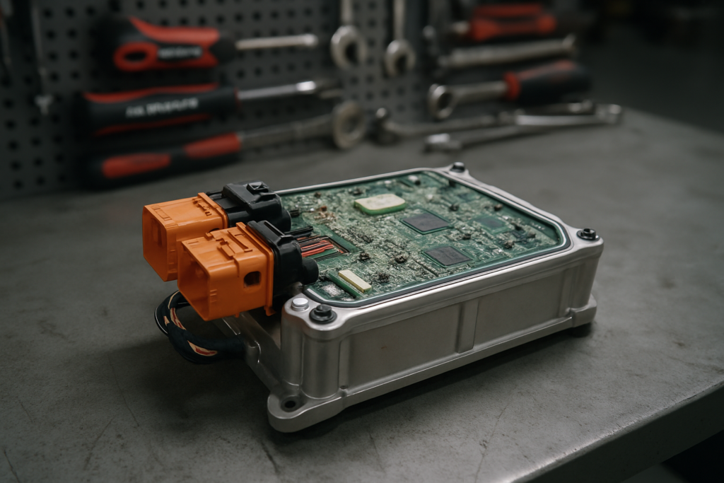 Jaguar I-Pace battery management system module removed on a workbench