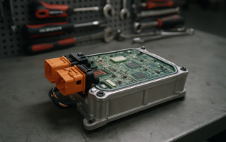 Jaguar I-Pace battery management system module removed on a workbench