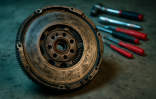 worn dual-mass flywheel removed from a Volkswagen Scirocco III transmission