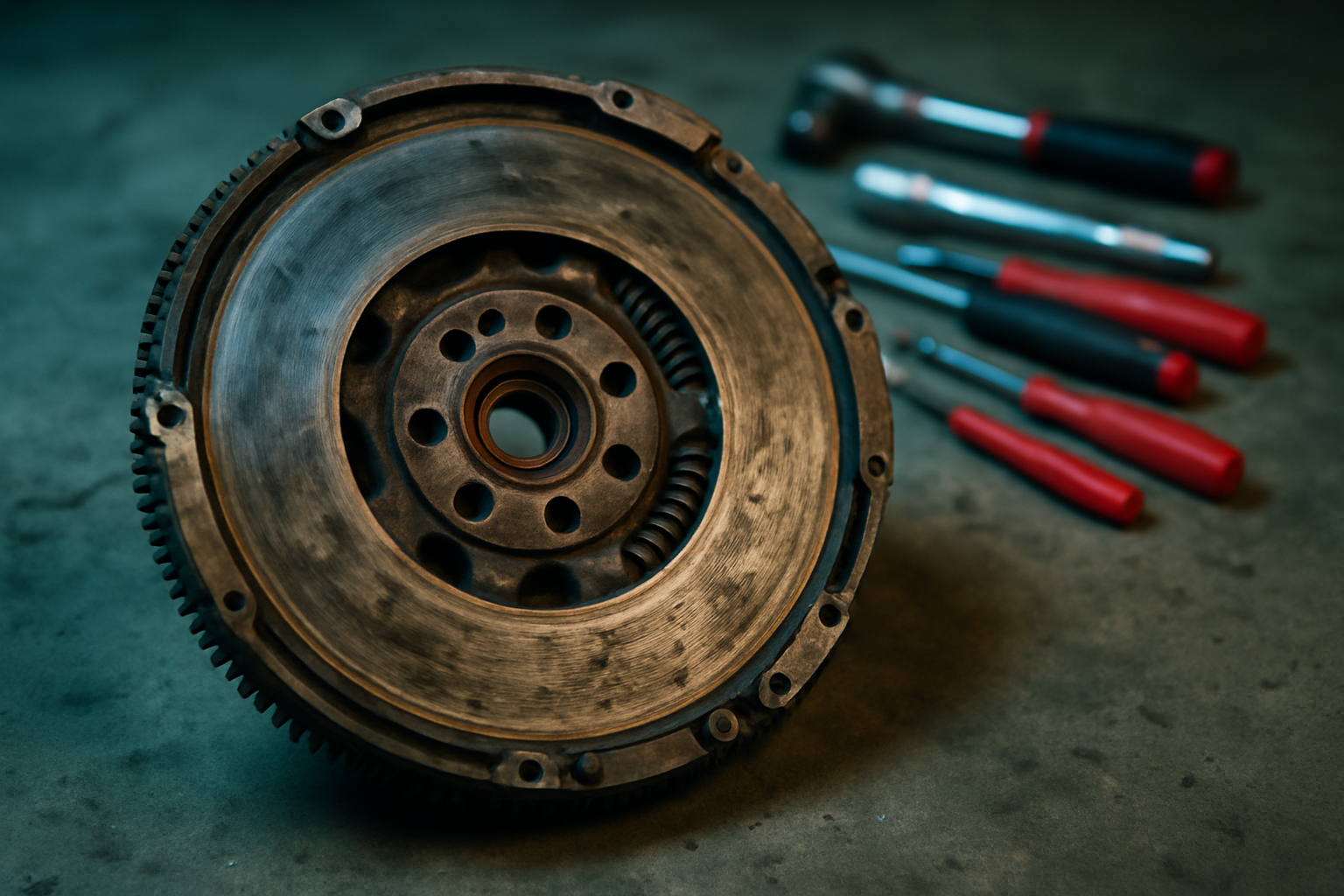 worn dual-mass flywheel removed from a Volkswagen Scirocco III transmission