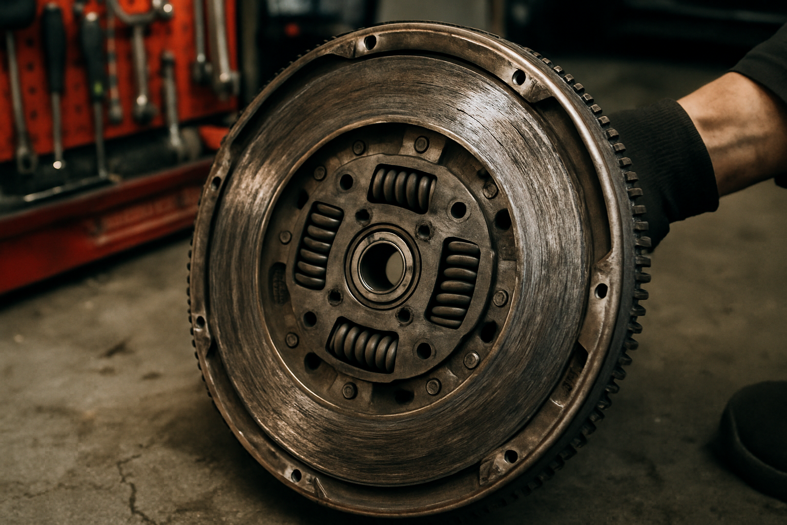 a dual-mass flywheel removed from a Volkswagen Touran engine