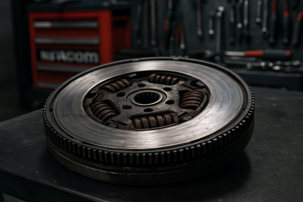 dual-mass flywheel from a Volkswagen Tiguan removed and placed on a workbench