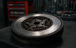 dual-mass flywheel from a Volkswagen Tiguan removed and placed on a workbench