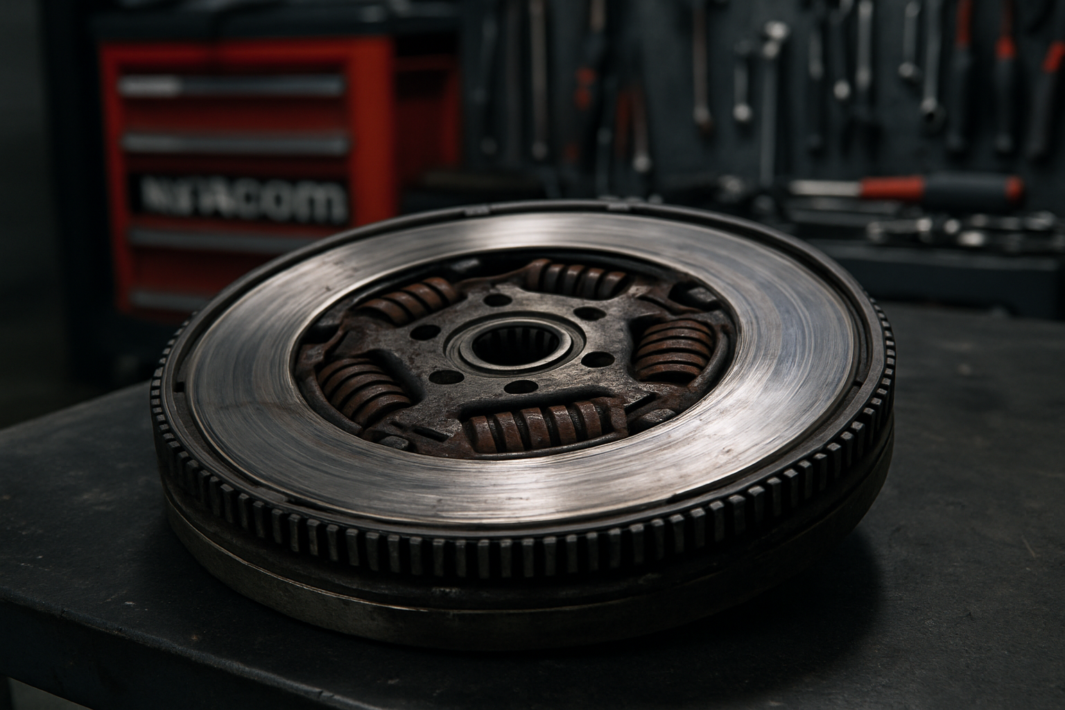 dual-mass flywheel from a Volkswagen Tiguan removed and placed on a workbench