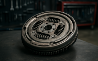 dual-mass flywheel from a Volkswagen Golf 6 removed and placed on a workbench