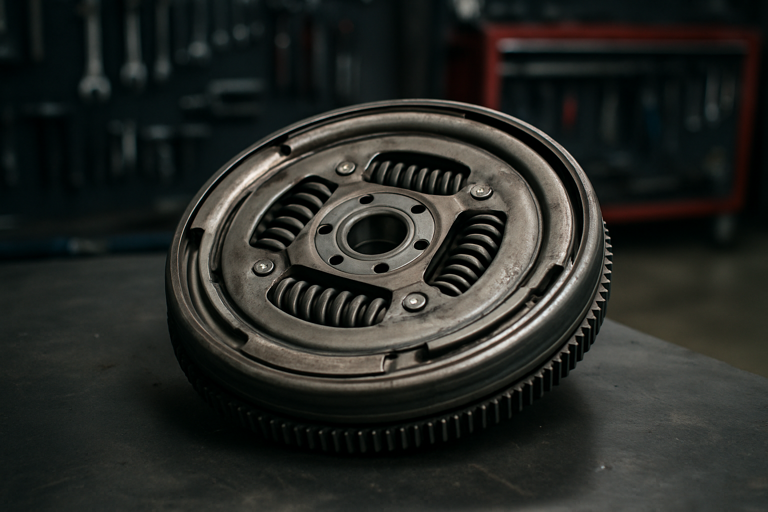 dual-mass flywheel from a Volkswagen Golf 6 removed and placed on a workbench