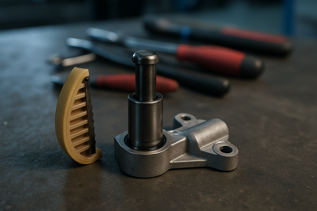 timing chain tensioner for Renault K4M engine disassembled on a workbench