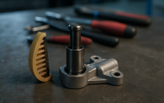 timing chain tensioner for Renault K4M engine disassembled on a workbench