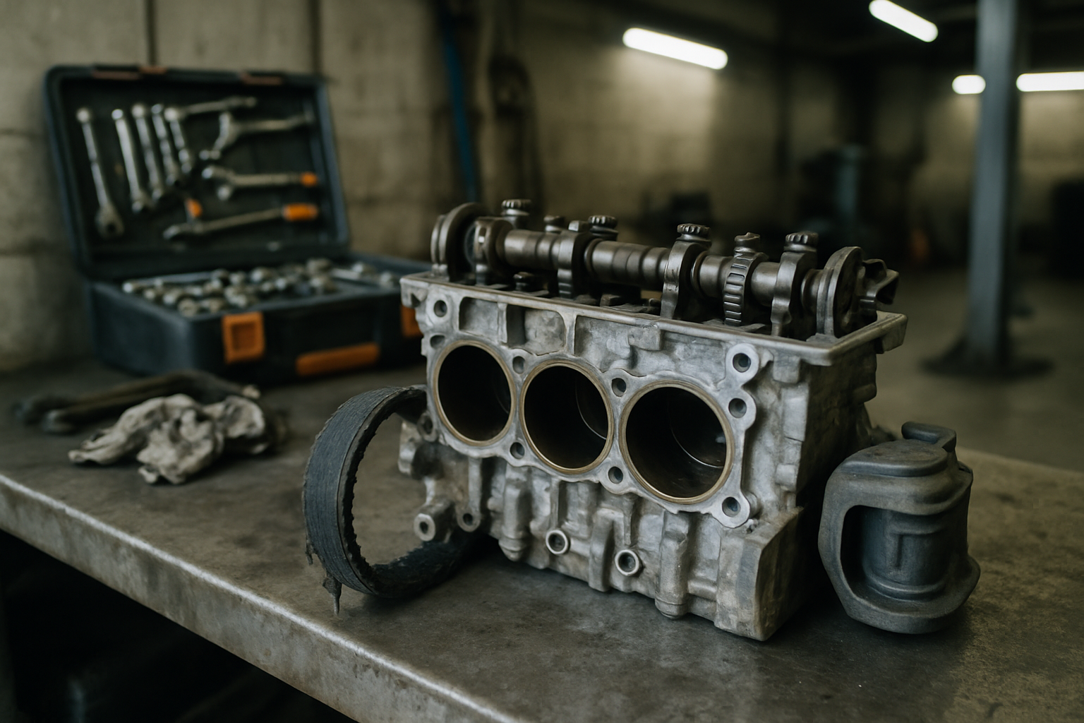 Bloc moteur PureTech démonté pour remplacement moteur avec courroie défaillante