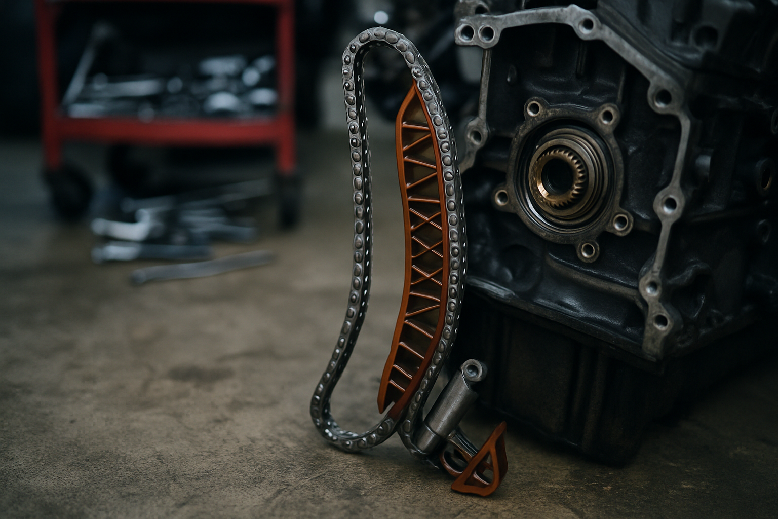 BMW N47 2.0L timing chain and tensioner removed from engine block