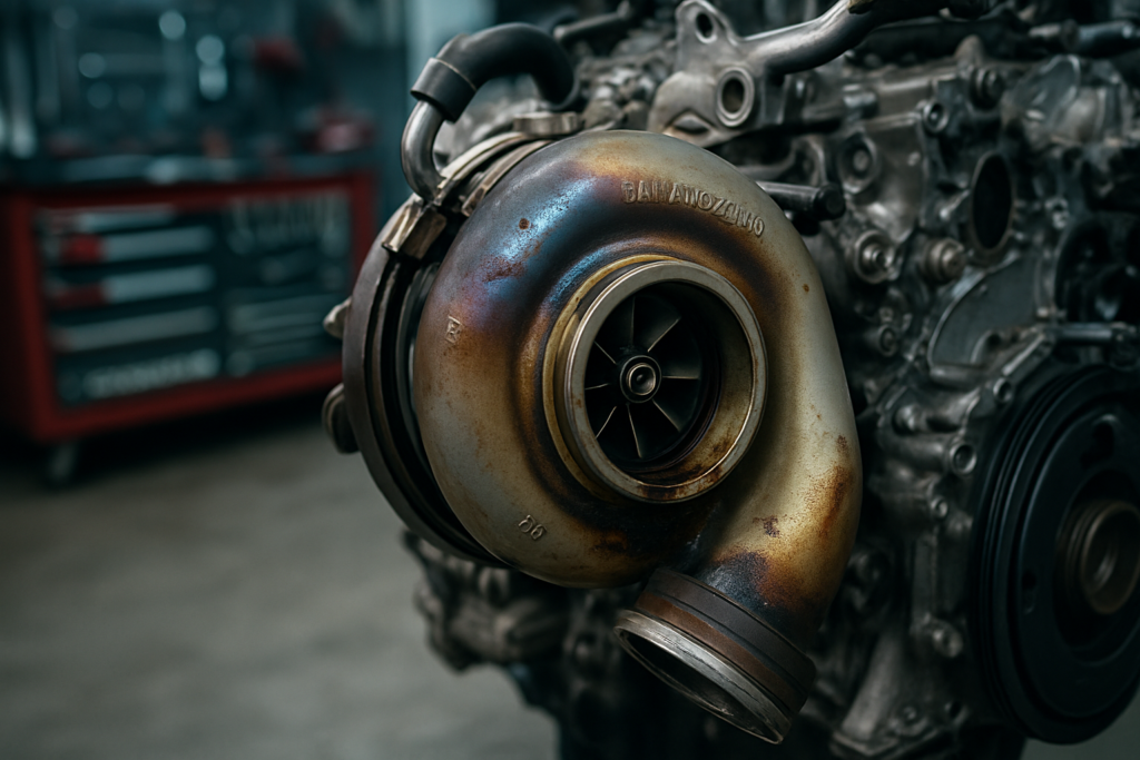 BMW B58 3.0L inline-six engine turbocharger close-up showing heat discoloration and oil residue on turbine housing