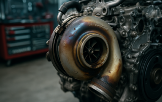 BMW B58 3.0L inline-six engine turbocharger close-up showing heat discoloration and oil residue on turbine housing