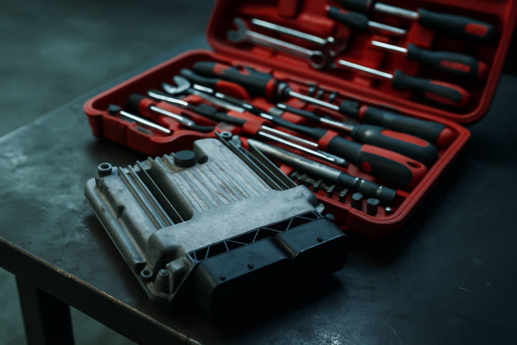 BMW N13 1.6L turbocharged engine ECU control unit on a workbench