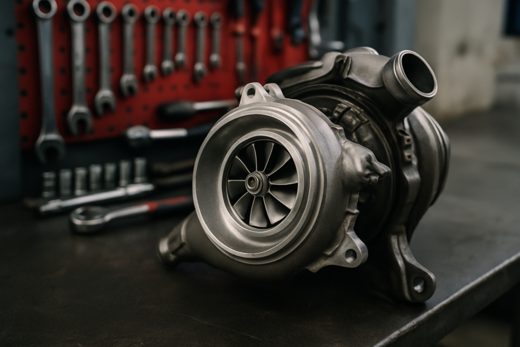Mercedes M274 2.0L turbocharger removed and placed on a workbench