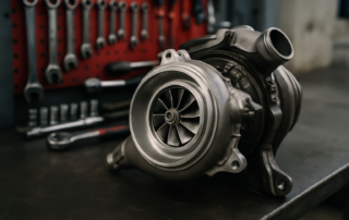 Mercedes M274 2.0L turbocharger removed and placed on a workbench