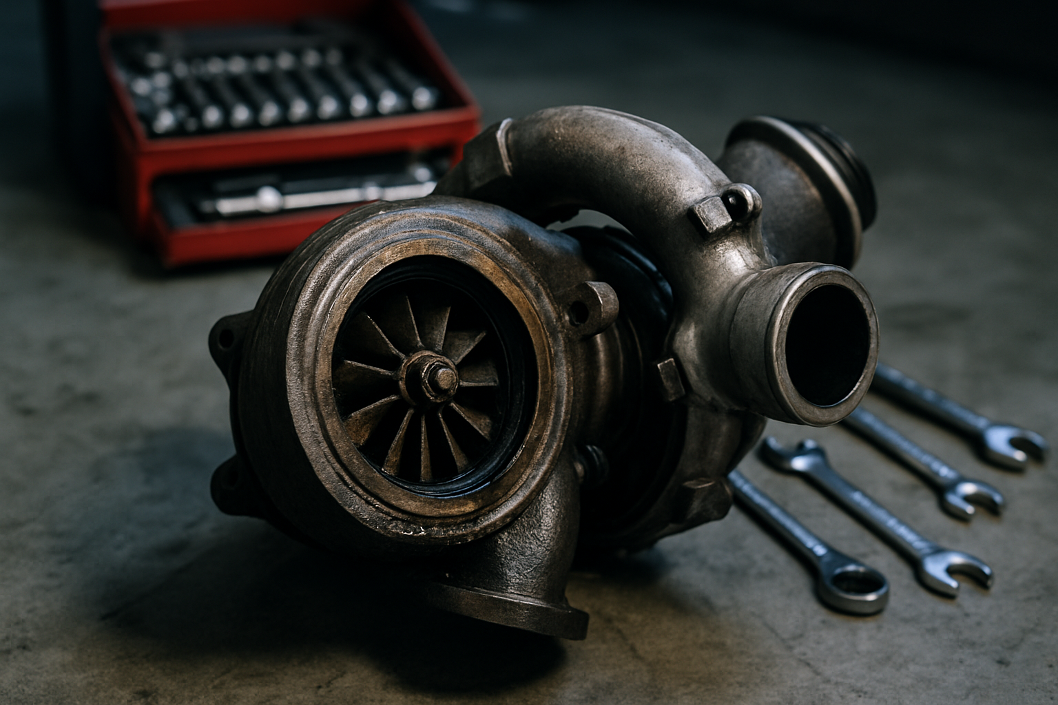a BMW M57 3.0L diesel turbocharger removed from engine