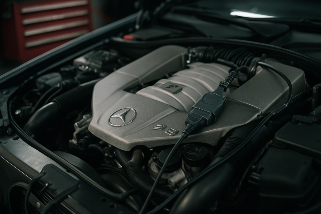 Mercedes-Benz M113 5.5L V8 AMG engine bay with ECU diagnostic connector plugged in