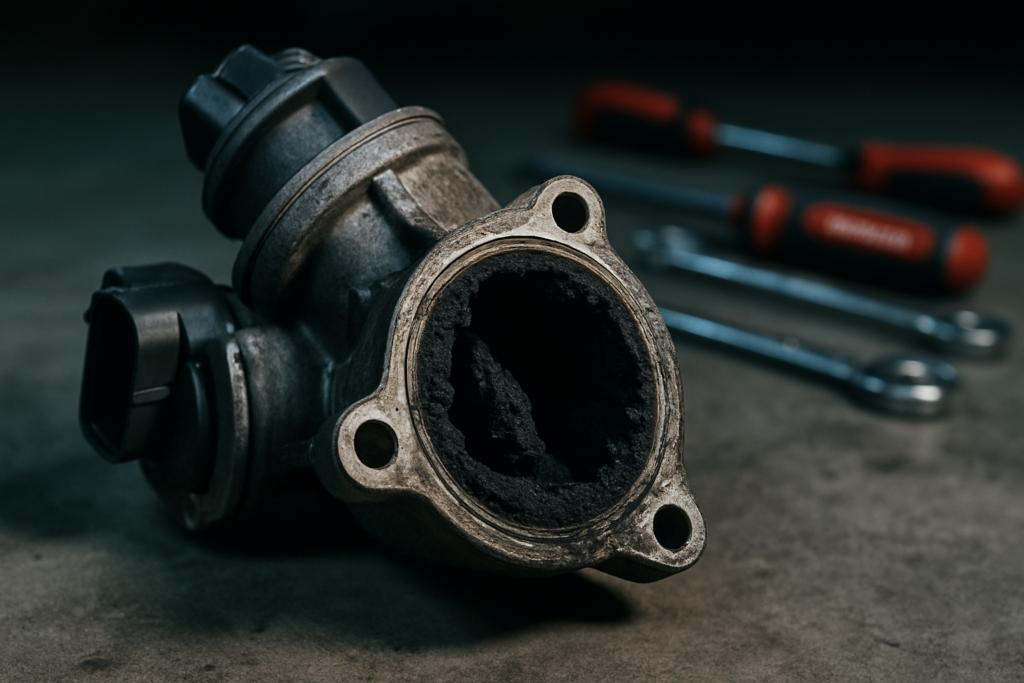 clogged EGR valve from a 1.6 TDI engine covered in carbon deposits