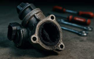 clogged EGR valve from a 1.6 TDI engine covered in carbon deposits