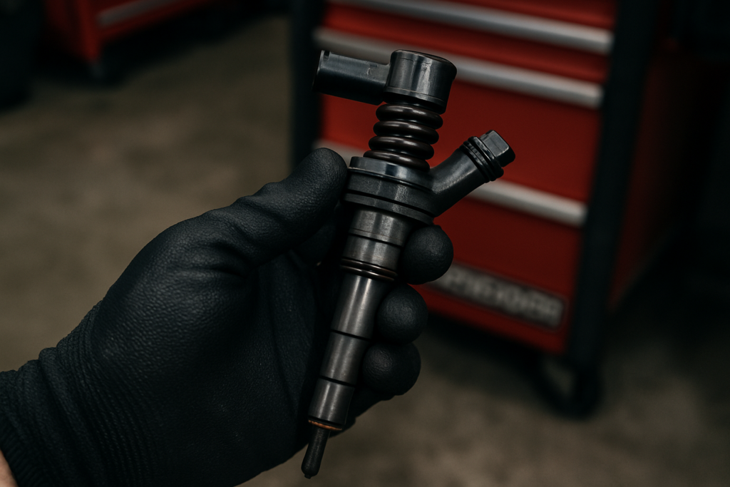 diesel fuel injector from an Audi 3.0L TDI engine held in a mechanic's gloved hand