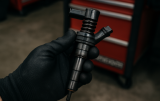 diesel fuel injector from an Audi 3.0L TDI engine held in a mechanic's gloved hand