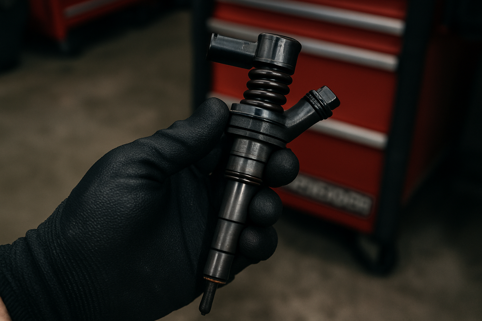 diesel fuel injector from an Audi 3.0L TDI engine held in a mechanic's gloved hand