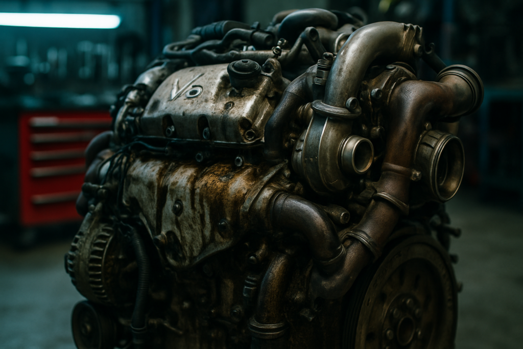 PSA 2.7L HDI V6 diesel engine with visible turbocharger and oil-stained components