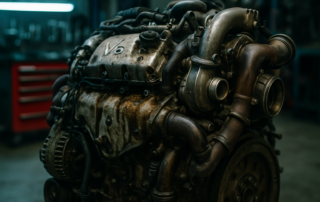 PSA 2.7L HDI V6 diesel engine with visible turbocharger and oil-stained components