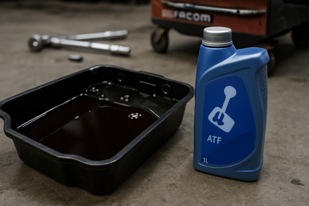 automatic gearbox EAT6 oil drain pan with dark degraded ATF fluid beside a fresh bottle of Aisin AW-1 transmission fluid