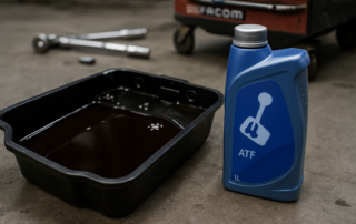 automatic gearbox EAT6 oil drain pan with dark degraded ATF fluid beside a fresh bottle of Aisin AW-1 transmission fluid