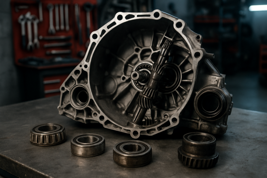 disassembled M32 manual gearbox with worn bearings laid out on a workbench