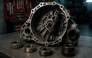 disassembled M32 manual gearbox with worn bearings laid out on a workbench