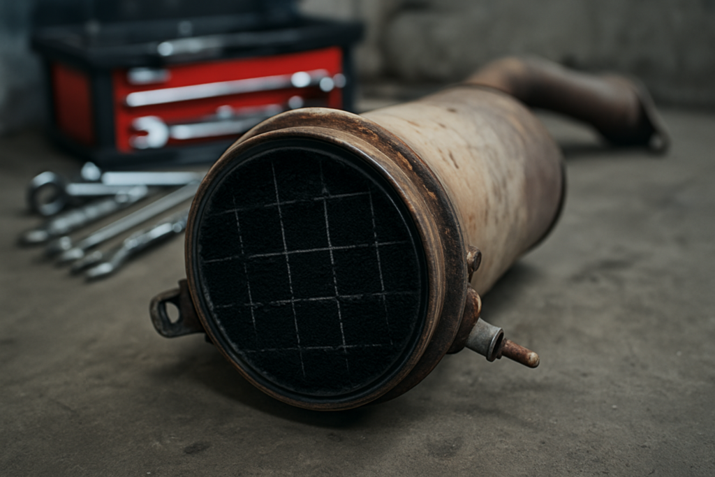 a clogged diesel particulate filter (FAP) removed from a 1.6 HDI engine