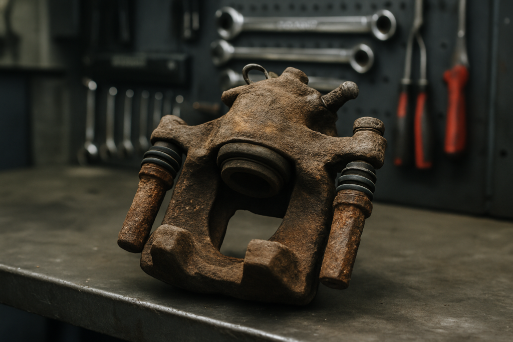 seized brake caliper from a Volkswagen Golf removed and placed on a workbench