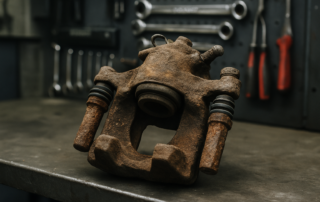 seized brake caliper from a Volkswagen Golf removed and placed on a workbench