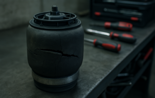 cracked air suspension air bag from a Range Rover removed and placed on a workbench