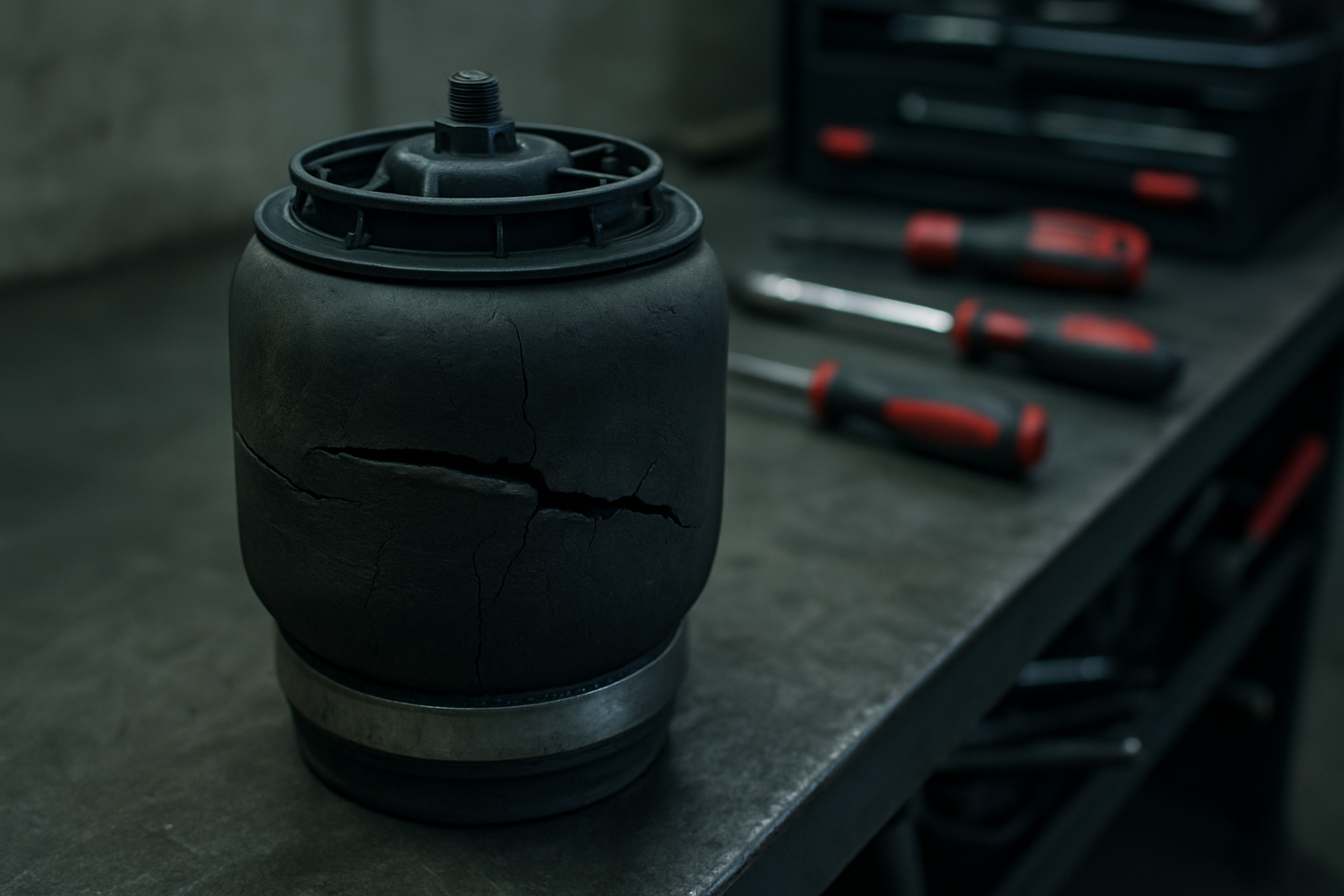 cracked air suspension air bag from a Range Rover removed and placed on a workbench