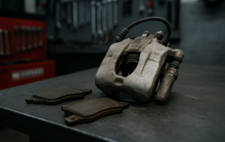 Mercedes W205 rear brake caliper and worn brake pads removed and laid on workbench
