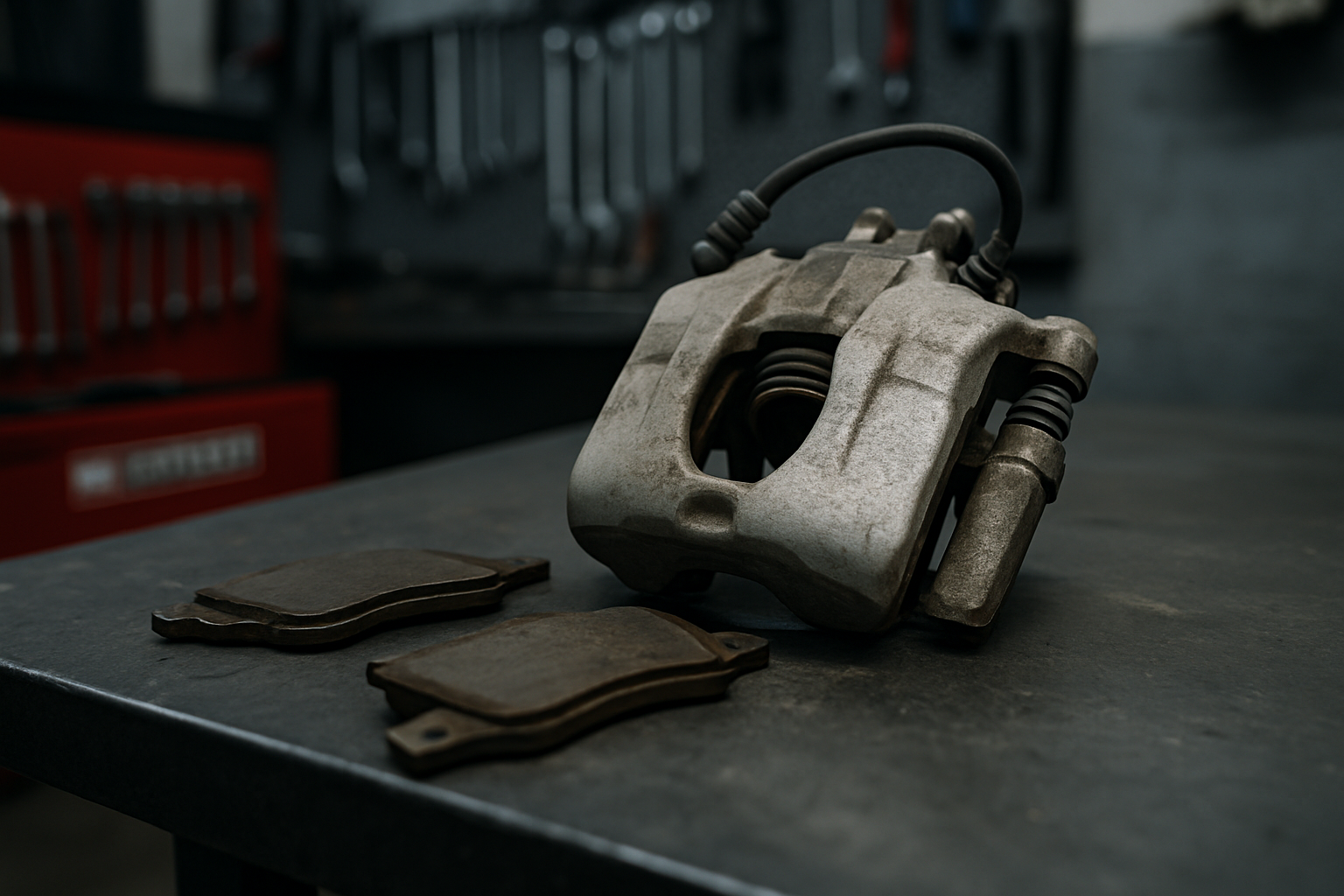 Mercedes W205 rear brake caliper and worn brake pads removed and laid on workbench