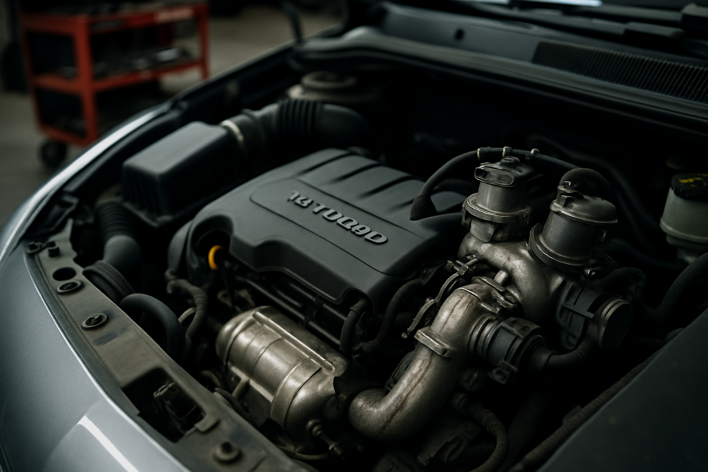 Opel Astra J 1.4 Turbo engine bay with turbocharger and EGR valve visible