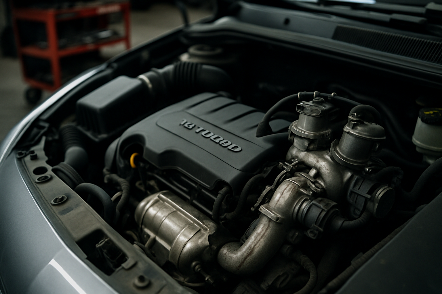 Opel Astra J 1.4 Turbo engine bay with turbocharger and EGR valve visible