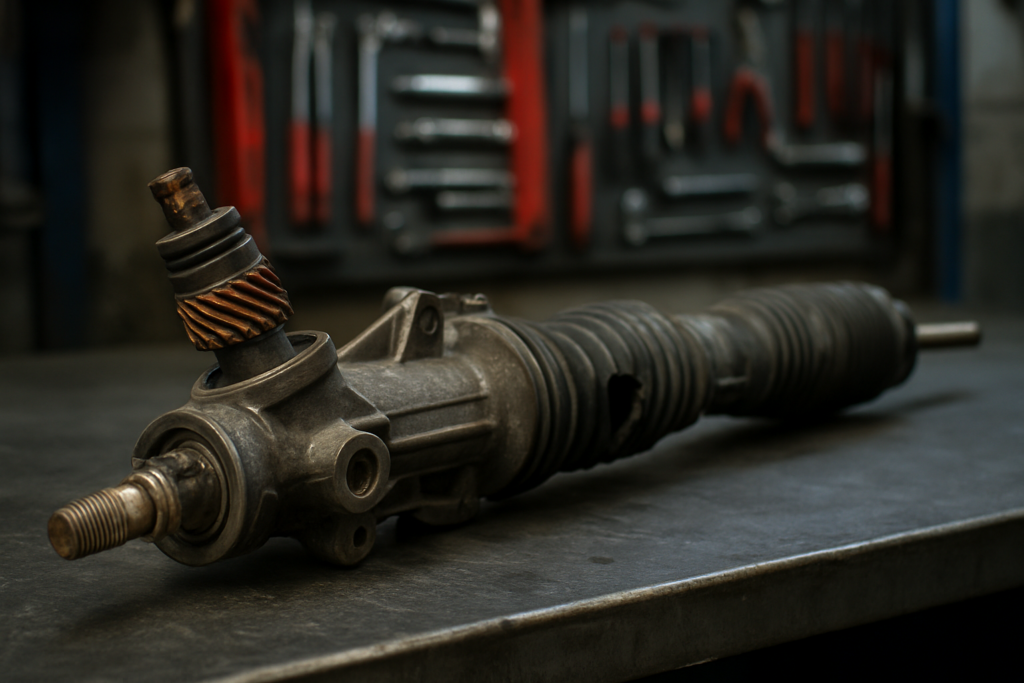 a Volvo XC60 steering rack removed and laid on a workbench showing worn pinion and torn rubber boots