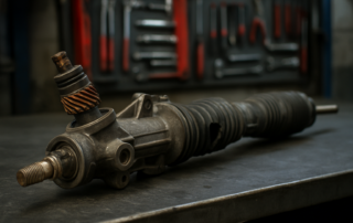 a Volvo XC60 steering rack removed and laid on a workbench showing worn pinion and torn rubber boots