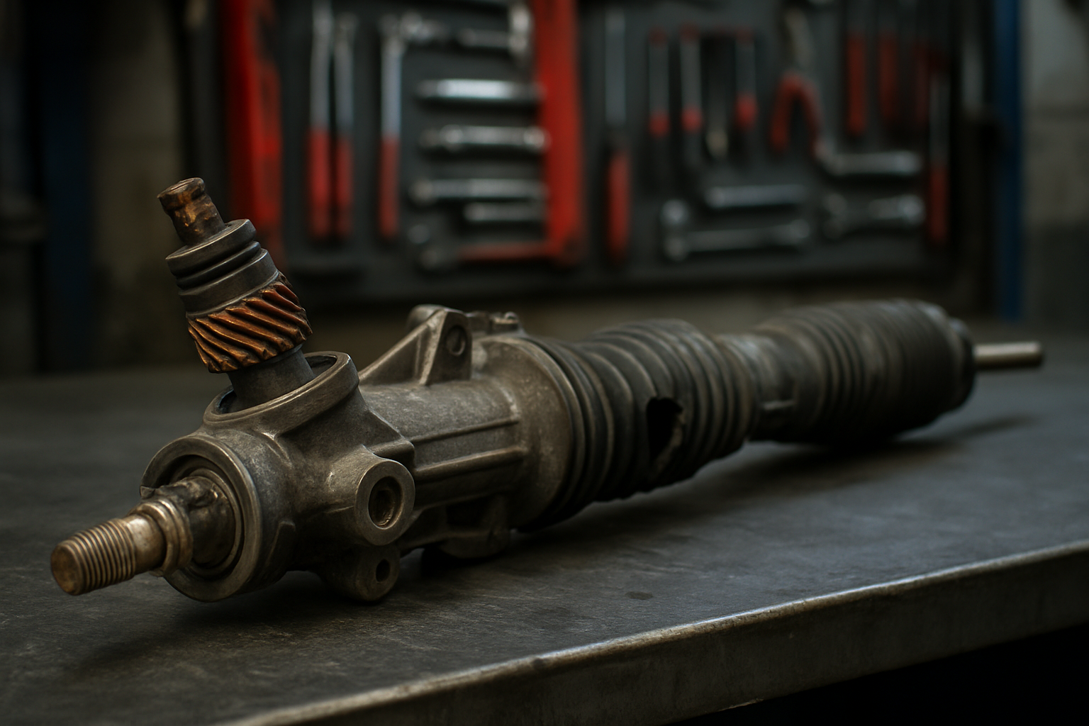 a Volvo XC60 steering rack removed and laid on a workbench showing worn pinion and torn rubber boots