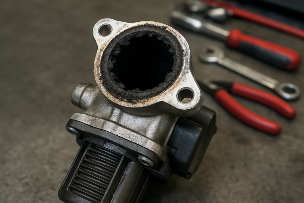 a clogged EGR valve from a Renault Clio IV 1.2 TCe engine covered in carbon deposits