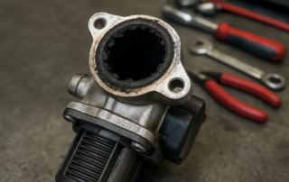 a clogged EGR valve from a Renault Clio IV 1.2 TCe engine covered in carbon deposits